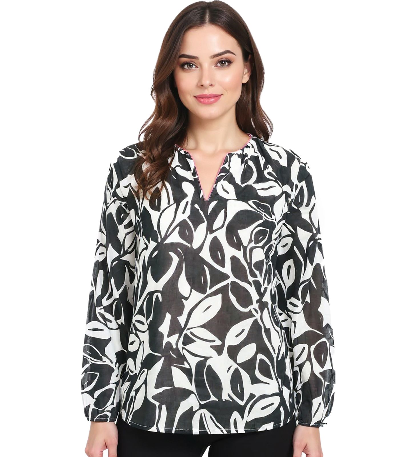ZWILLINGSHERZ Damen Sommer-Bluse mit Blätter-Muster Baumwoll Langarmshirt 33229-3 Weiß/Schwarz/Pink