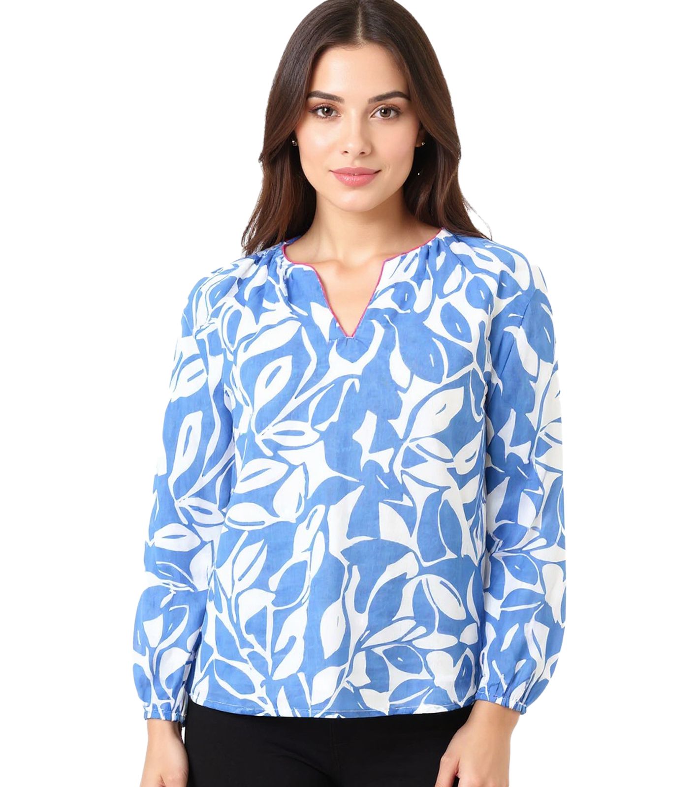 ZWILLINGSHERZ Damen Sommer-Bluse mit Blätter-Muster Baumwoll Langarmshirt 33229-89 Weiß/Blau/Pink
