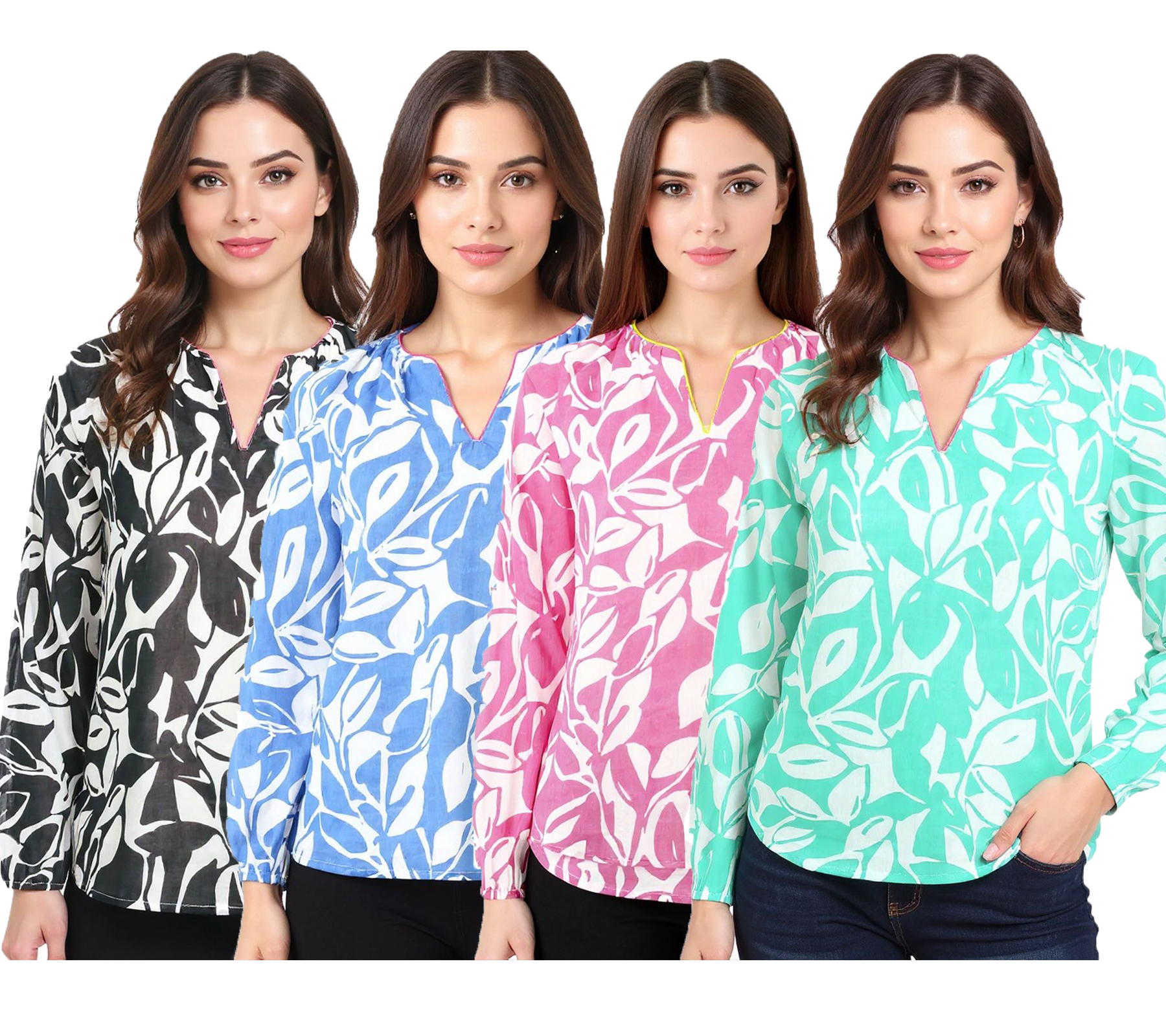 ZWILLINGSHERZ Damen Sommer-Bluse mit Blätter-Muster Baumwoll Langarmshirt 33229 Grün, Schwarz, Pink oder Blau