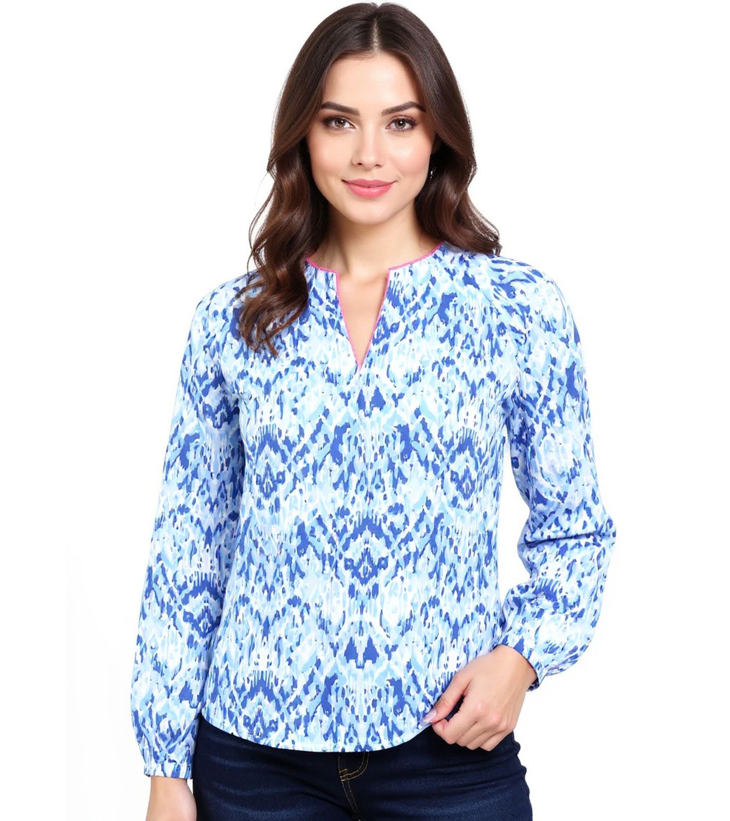ZWILLINGSHERZ Damen Sommer-Bluse mit Ethno-Muster Baumwoll Langarmshirt 33234-86 Blau/Weiß/Pink