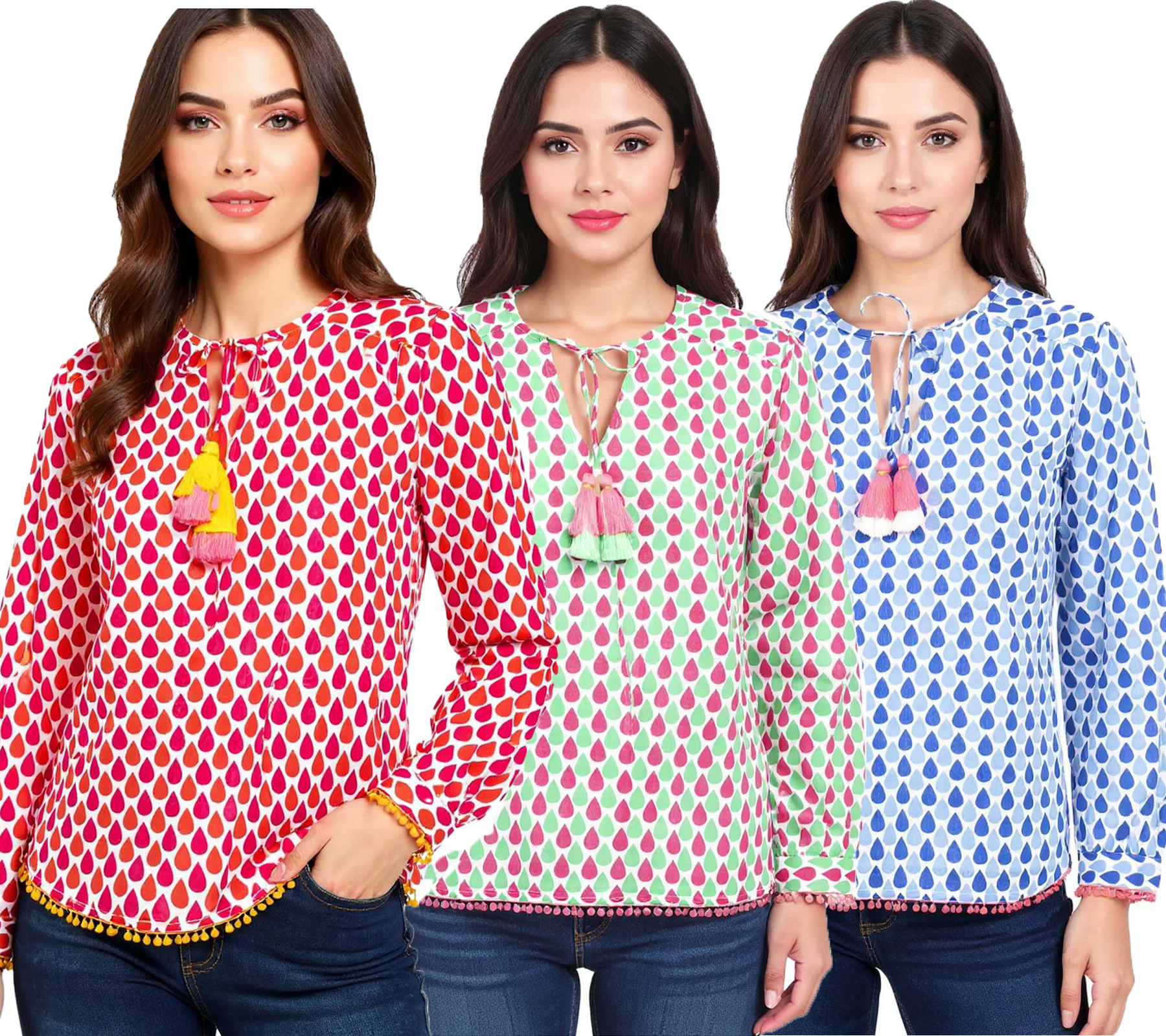 ZWILLINGSHERZ Damen Sommer-Bluse mit Tröpfchen-Muster Baumwoll Langarmshirt 33217 Pink, Grün oder Blau