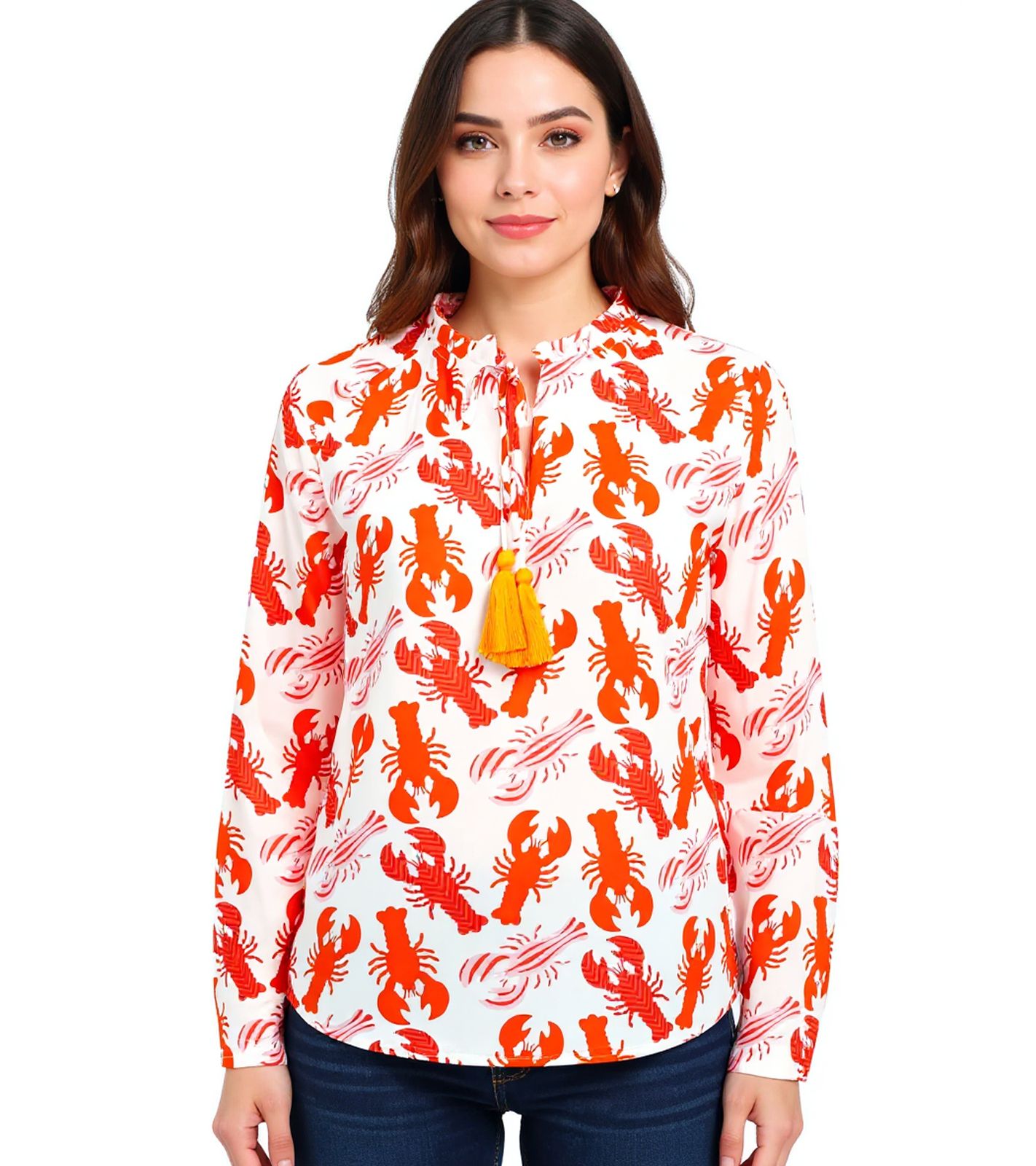 ZWILLINGSHERZ Damen Sommer-Bluse Tunika-Shirt mit Krebs-Muster 33218-15 Weiß/Orange/Rot