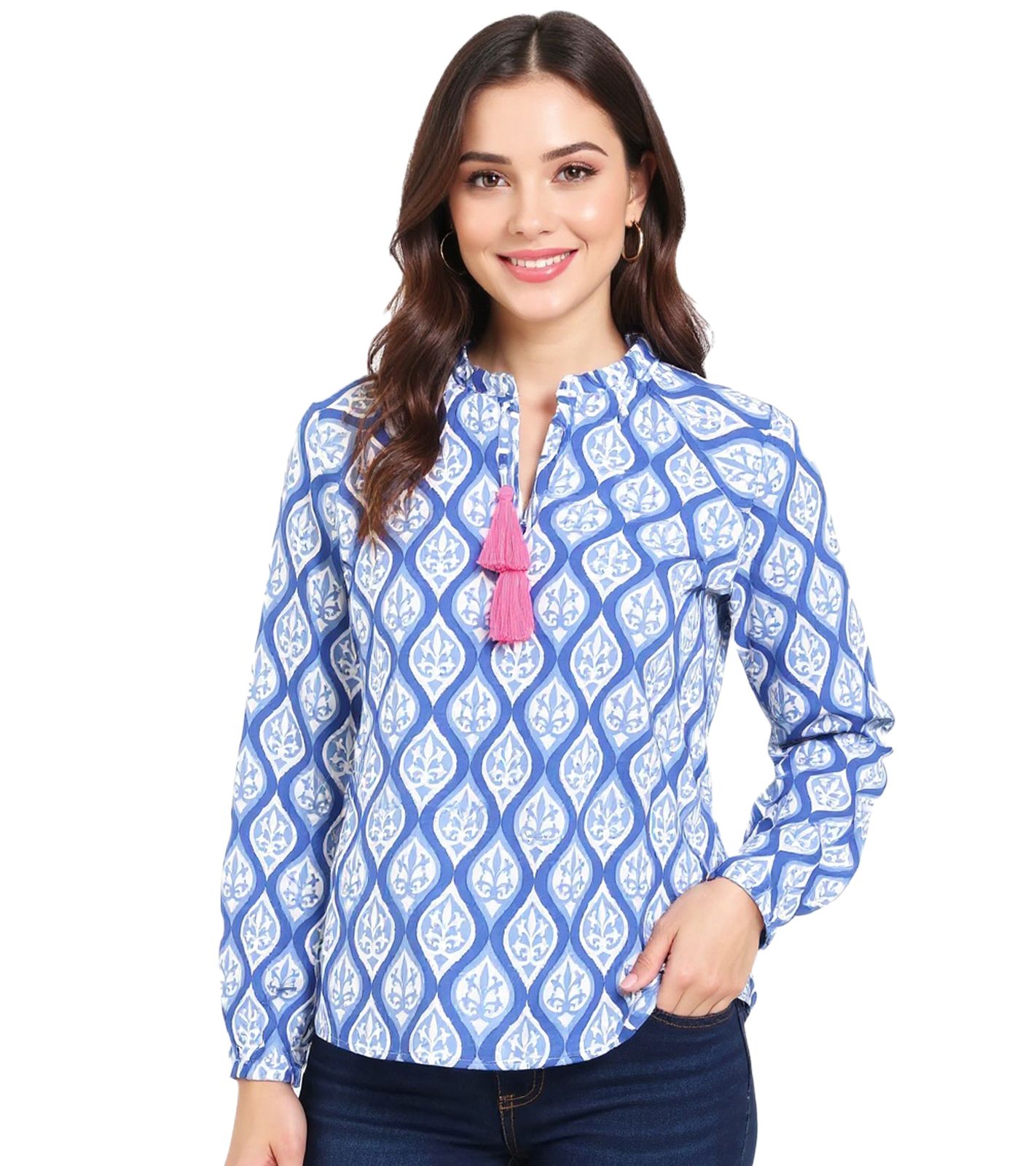 ZWILLINGSHERZ Damen Sommer-Bluse Tunika-Shirt mit Quasten und Ranken 33246-89 Blau/Weiß/Pink