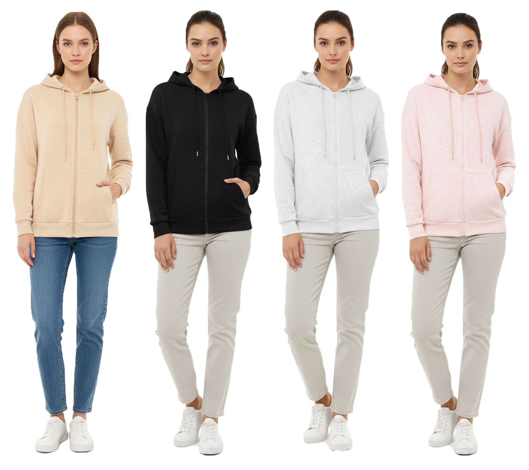 ZWILLINGSHERZ Damen Sweat-Jacke mit Kapuze Zip-Hoodie mit Taschen 46094 Grau, Beige, Rosa oder Schwarz