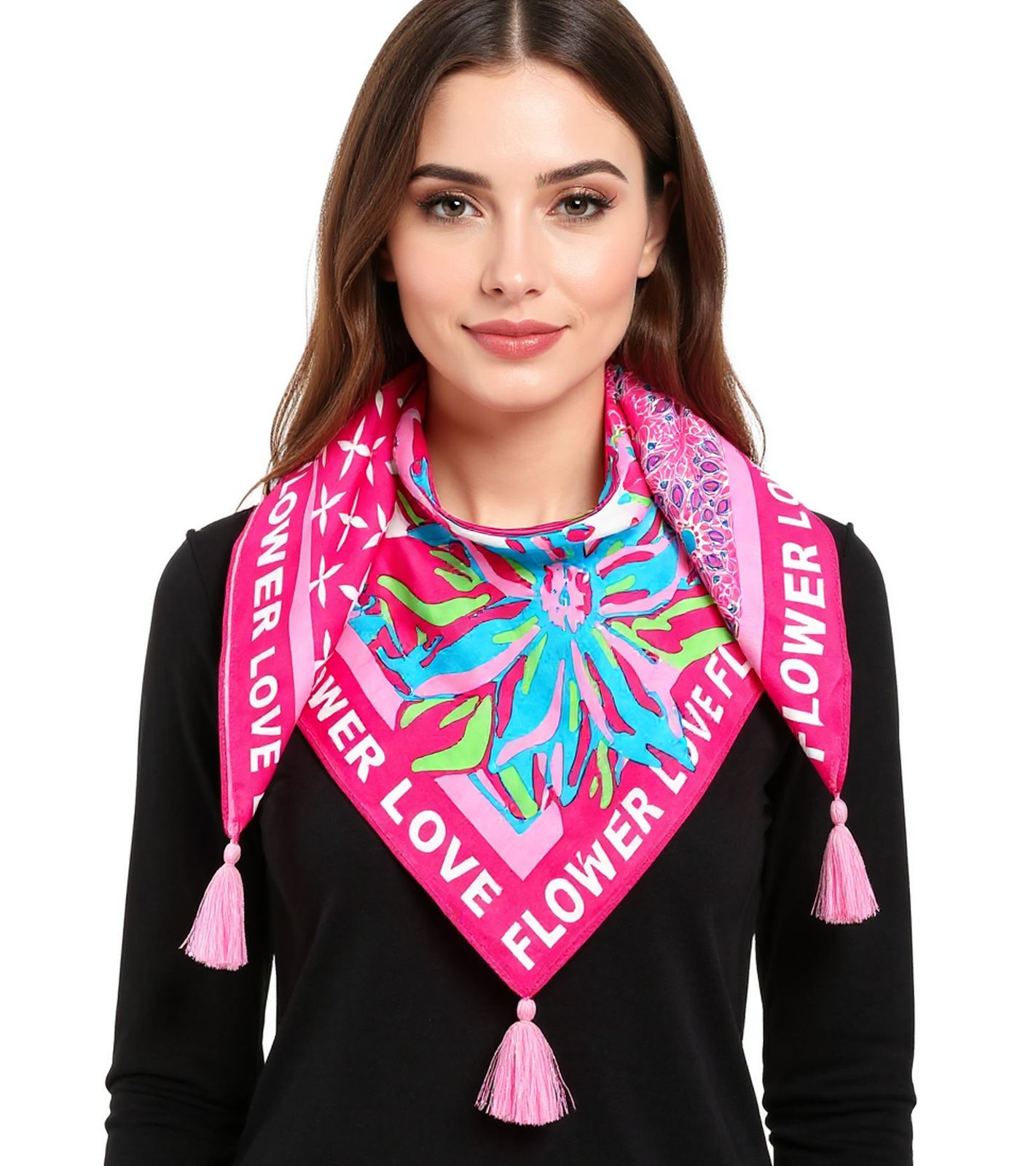ZWILLINGSHERZ Flower Love Vierecks-Tuch mit Blumen im Retro Look Mode-Tuch 3016Q-2907-4 Pink/Türkis/Bunt