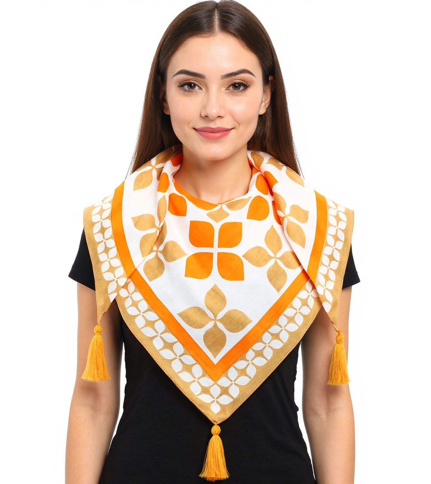 ZWILLINGSHERZ Grafik Print Dreiecks-Tuch mit abstraktem Blütenmuster Mode-Tuch 30020-29 Beige/Orange/Weiß