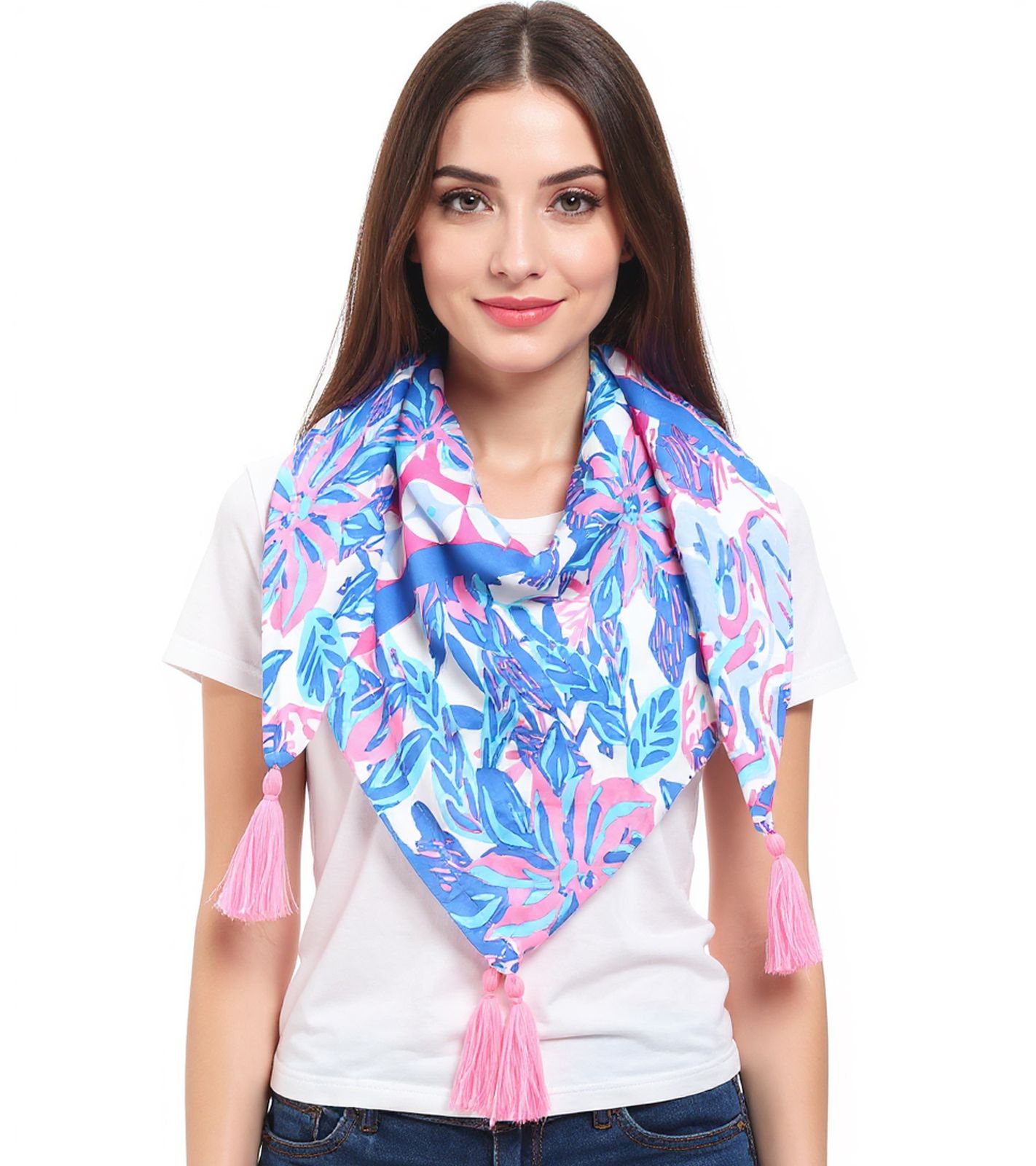 ZWILLINGSHERZ Hawaii Blume Vierecks-Tuch mit Blumen und Ornamenten Mode-Tuch 3016Q-2907-84 Blau/Pink/Bunt