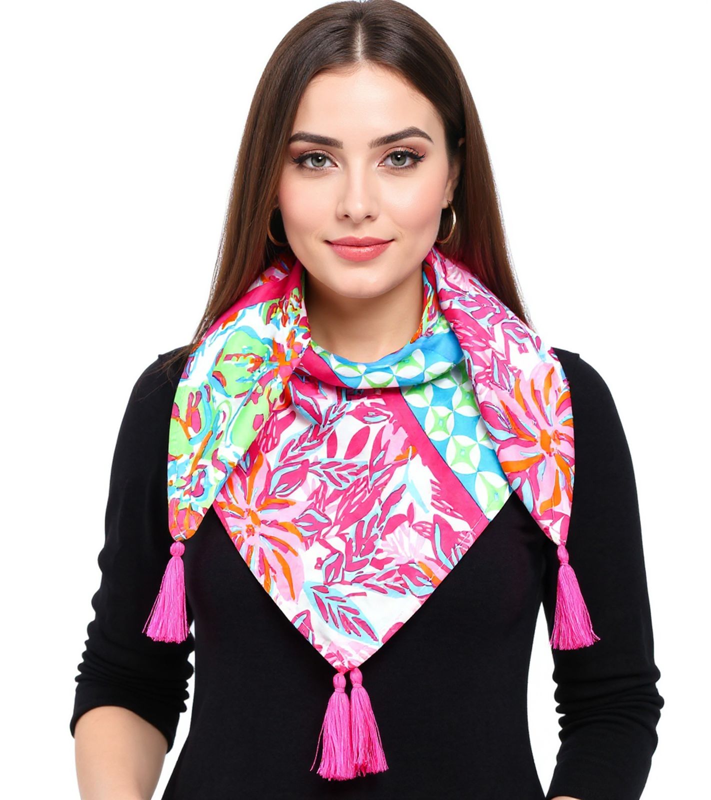 ZWILLINGSHERZ Hawaii Blume Vierecks-Tuch mit Blumen und Ornamenten Mode-Tuch 3016Q-2907-90 Pink/Blau/Bunt