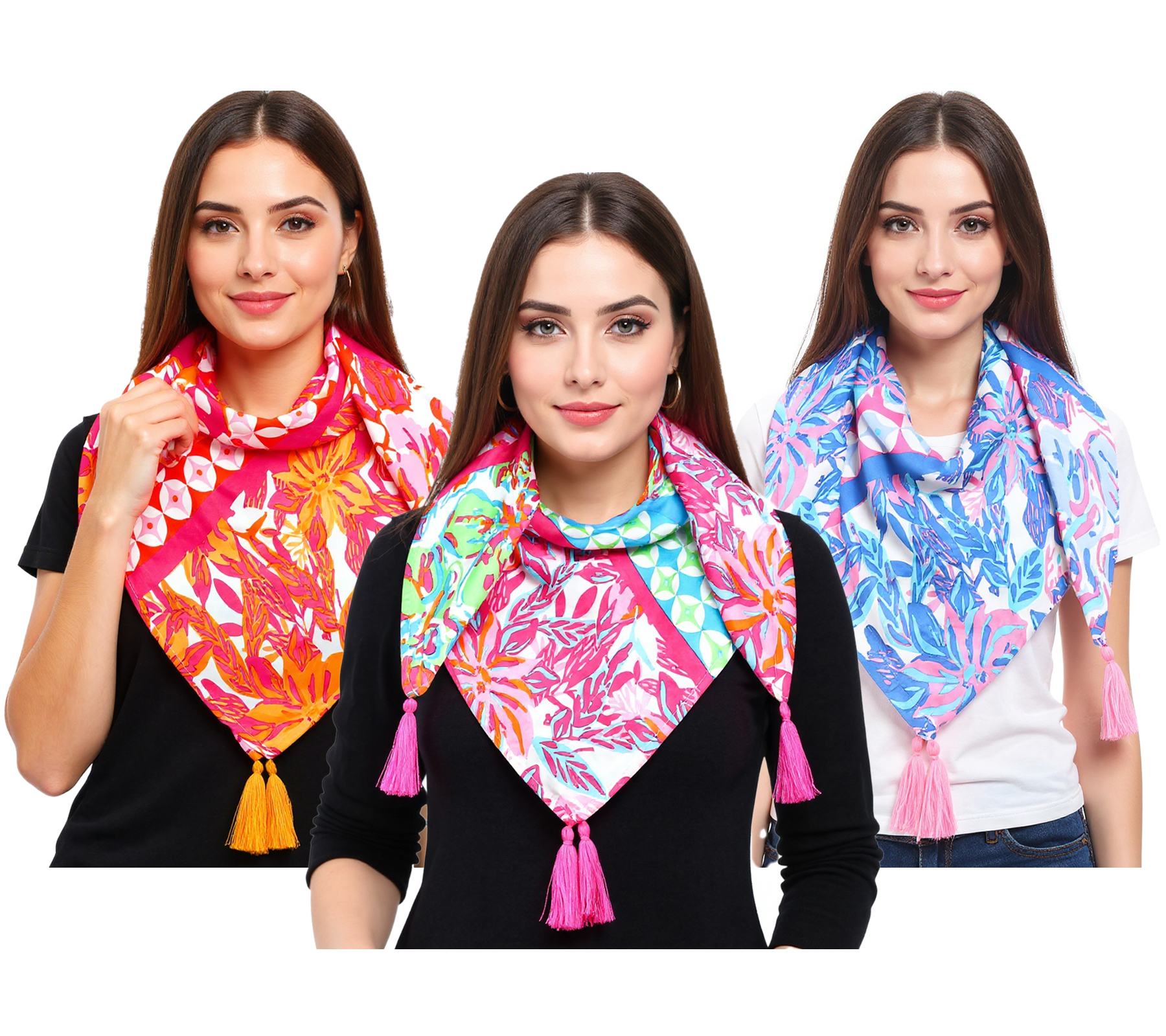 ZWILLINGSHERZ Hawaii Blume Vierecks-Tuch mit Blumen und Ornamenten Mode-Tuch 3016Q-2907 in Orange, Blau oder Pink Bunt