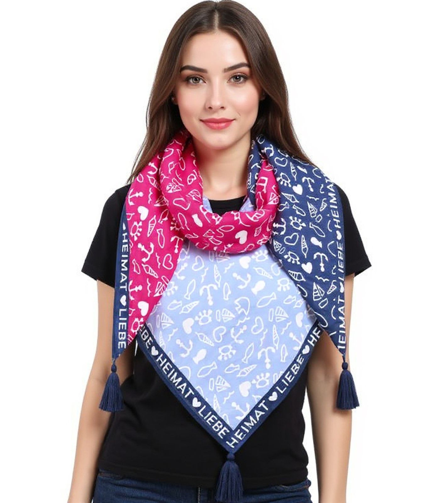 ZWILLINGSHERZ Heimat Liebe Vierecks-Tuch mit maritimen Symbolen Mode-Tuch 3016Q-0209-9 Blau/Pink/Weiß