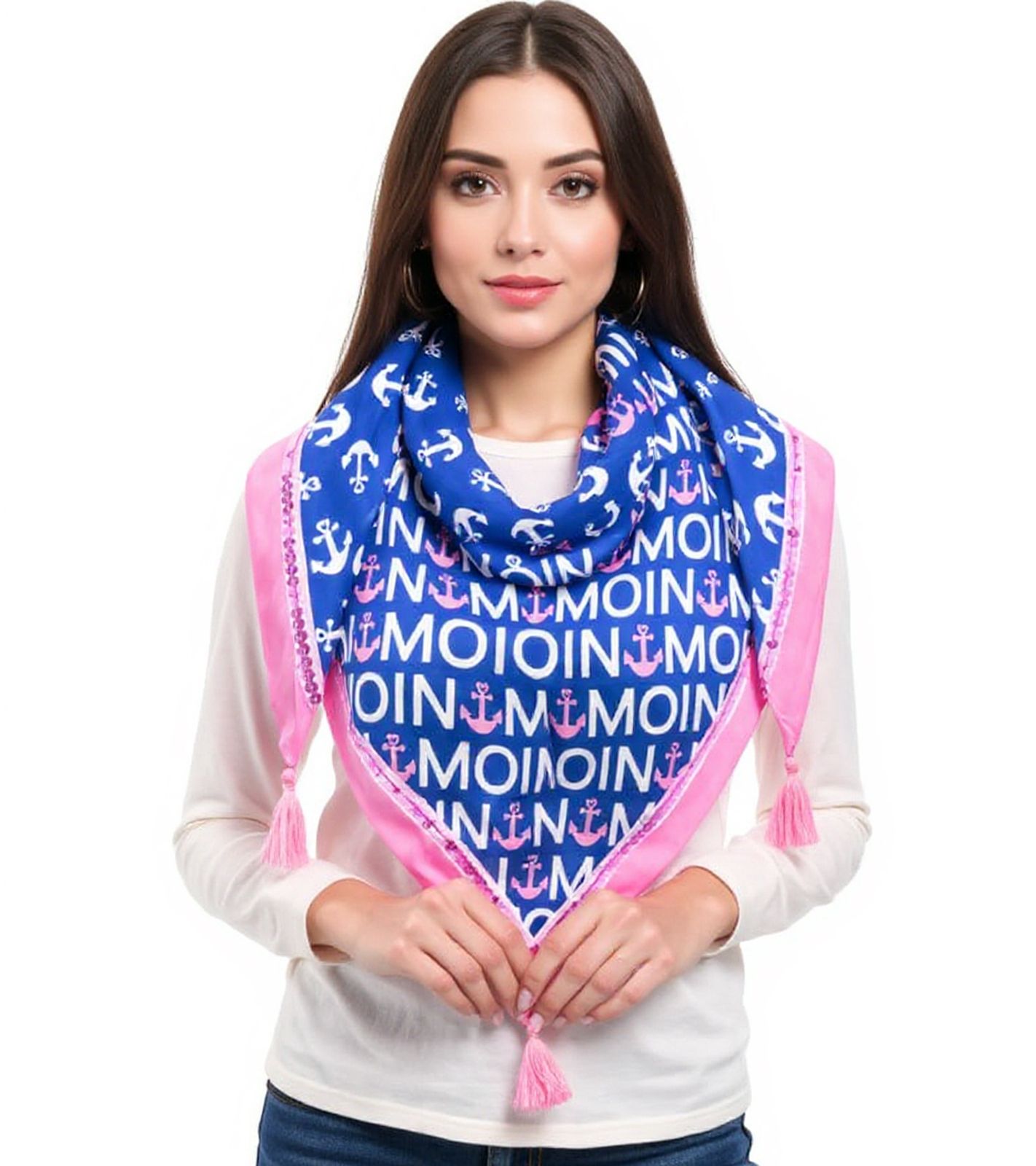 ZWILLINGSHERZ Herzenanker Dreiecks-Tuch im maritimen Design und Moin Moin Schriftzug Mode-Tuch 3014D-0703-89 Blau/Pink/Weiß