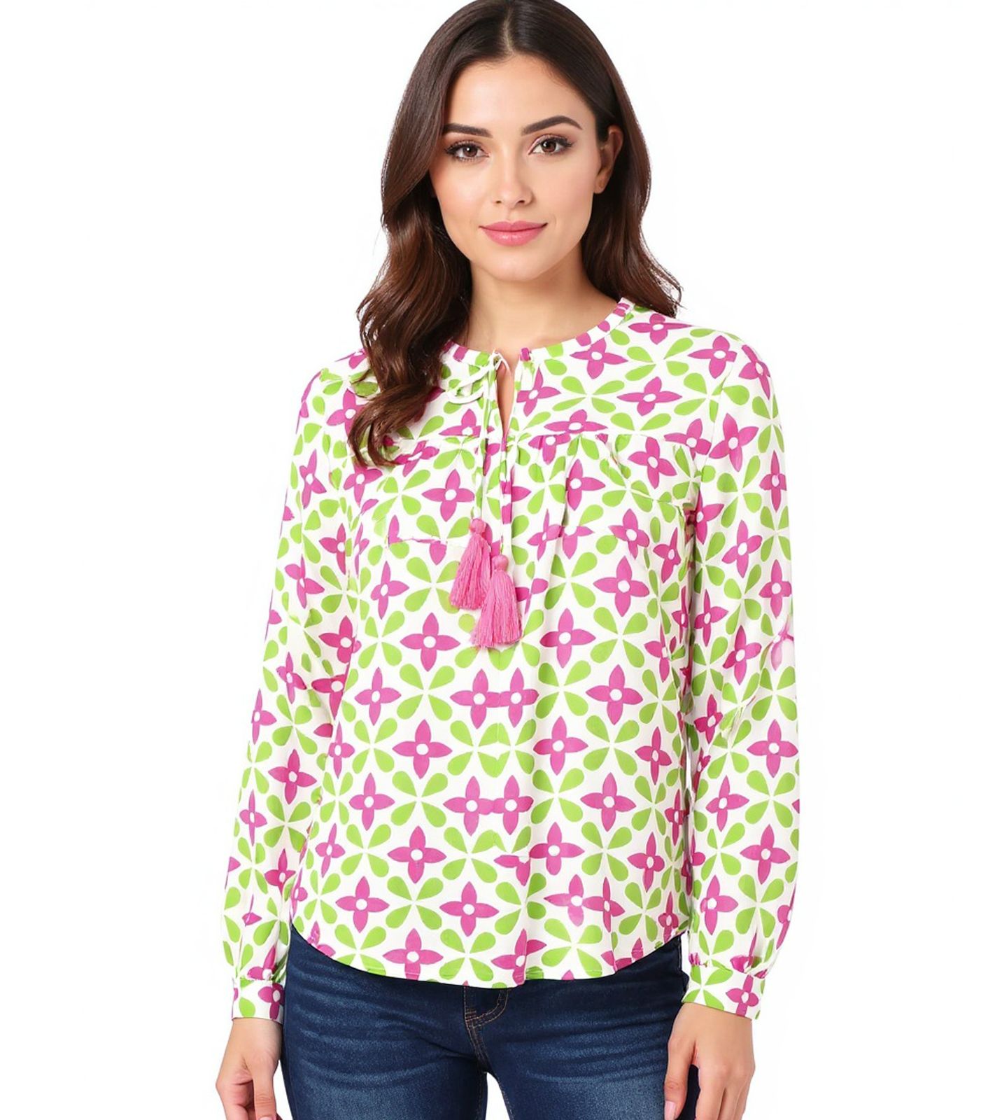 ZWILLINGSHERZ Holiday Mood Damen Sommer-Bluse Tunika-Shirt mit Sternen 33256-22 Grün/Pink/Weiß
