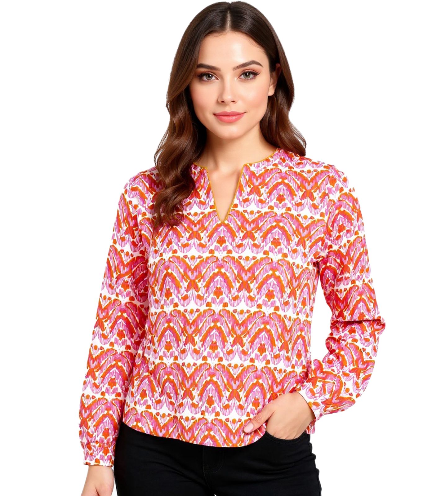 ZWILLINGSHERZ Joyful Damen Sommer-Bluse Tunika-Shirt mit Ornamenten 33236-13 Orange/Pink/Weiß