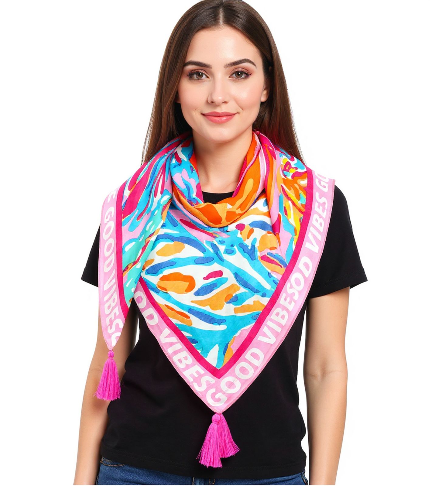 ZWILLINGSHERZ Korallenriff Vierecks-Tuch mit Korallen und Good Vibes Print Mode-Tuch 3016Q-2907-21 Pink/Bunt
