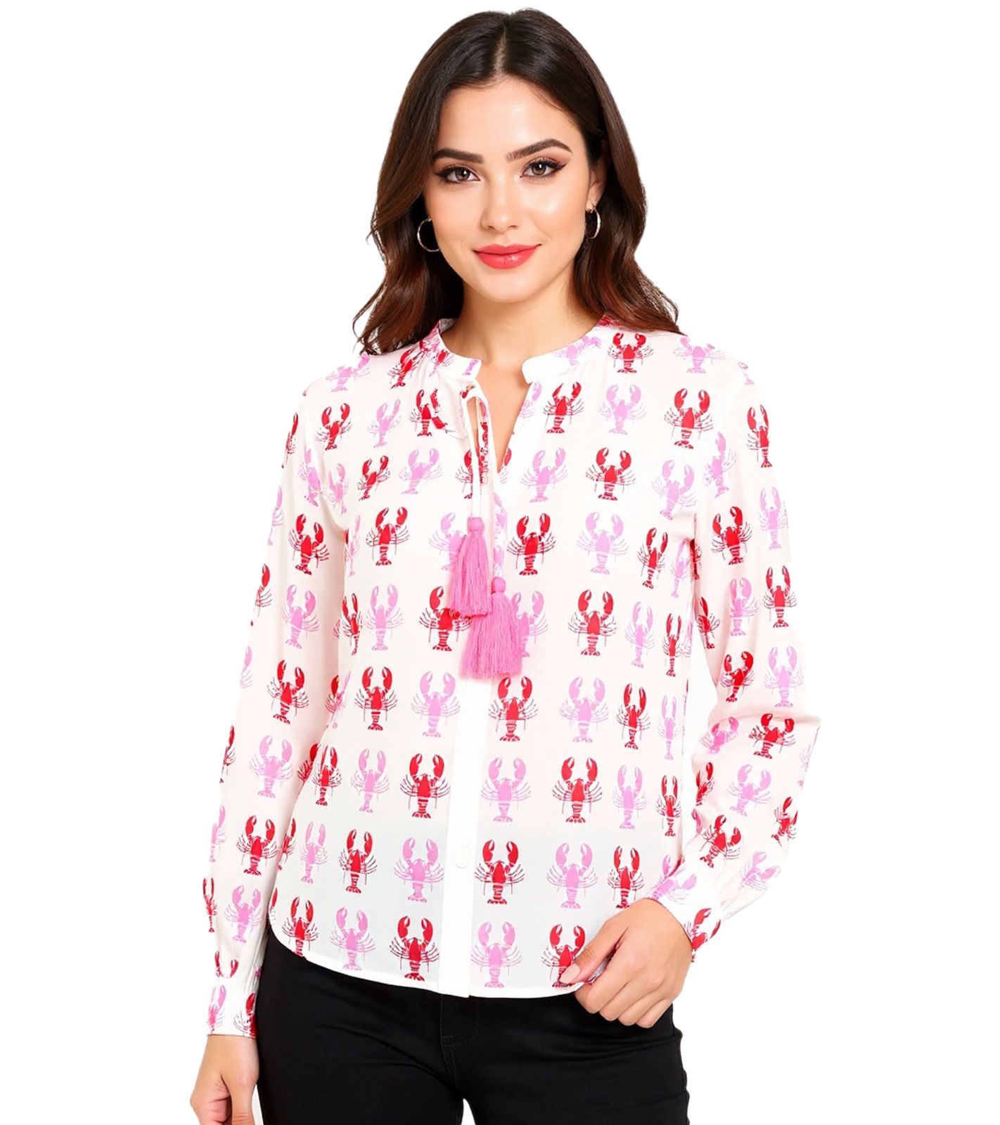 ZWILLINGSHERZ Lobster Damen Sommer-Bluse Tunika-Shirt mit Krebs-Muster 33220-22 Weiß/Rosa/Rot