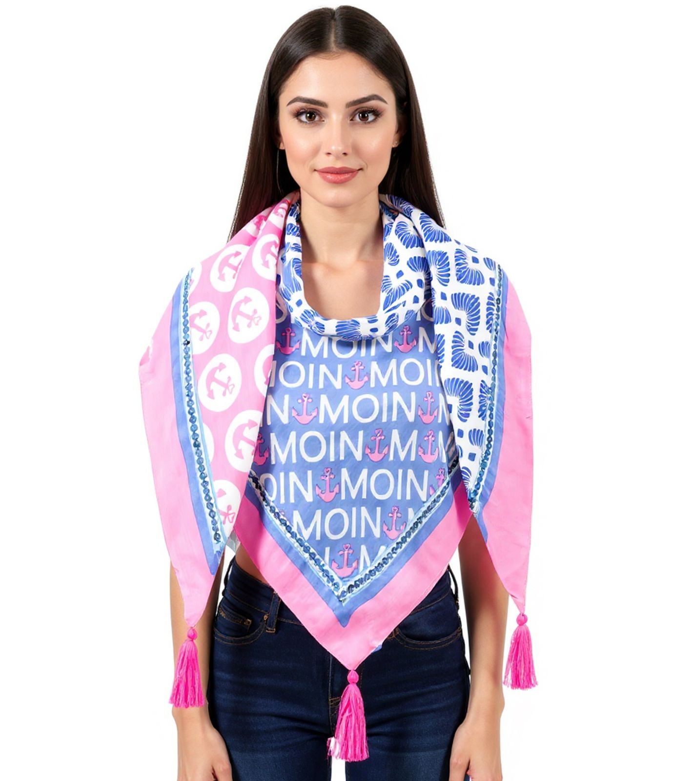 ZWILLINGSHERZ Mustermix Dreiecks-Tuch im maritimen Design und Moin Moin Schriftzug Mode-Tuch 3014D-0703-18 Blau/Pink/Weiß