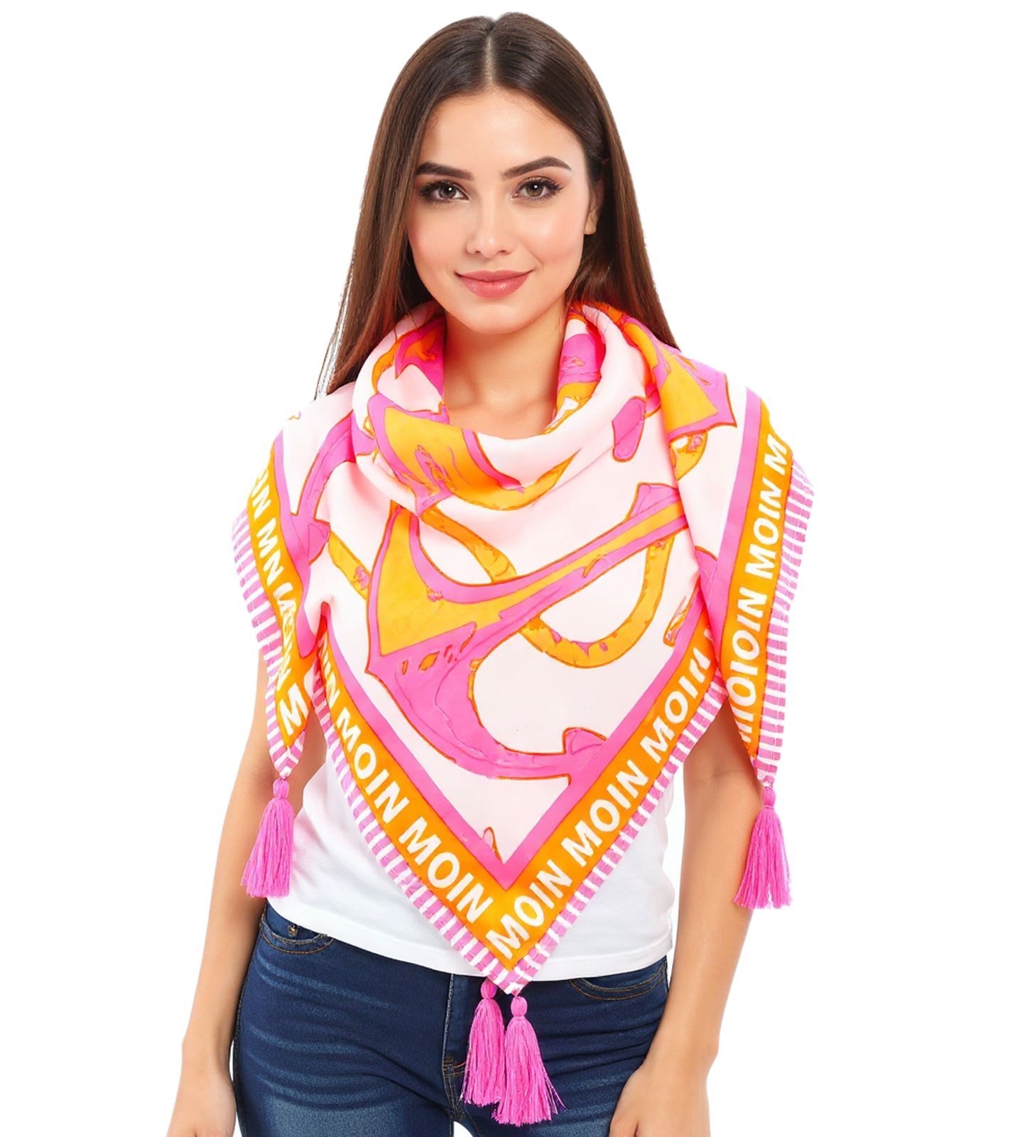 ZWILLINGSHERZ Ocean Vierecks-Tuch mit Ankern und Moin Moin Schriftzug Mode-Tuch 3016Q-0208-52 Pink/Orange