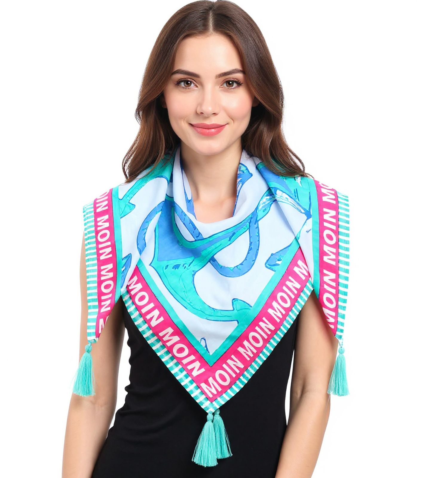 ZWILLINGSHERZ Ocean Vierecks-Tuch mit Ankern und Moin Moin Schriftzug Mode-Tuch 3016Q-0208-69 Blau/Pink/Mint