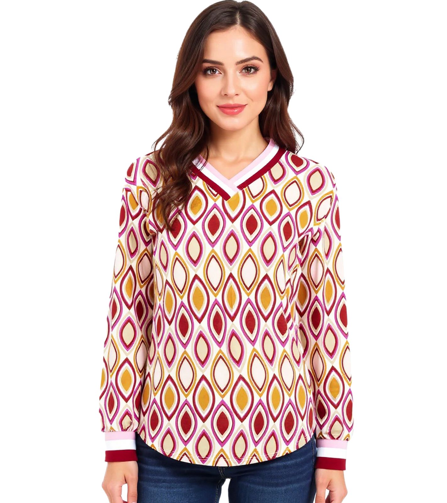 ZWILLINGSHERZ Ornament Damen langärmliges Sommer-Shirt Longsleeve im Retro Style 31627-58 Beige/Rosa/Rot