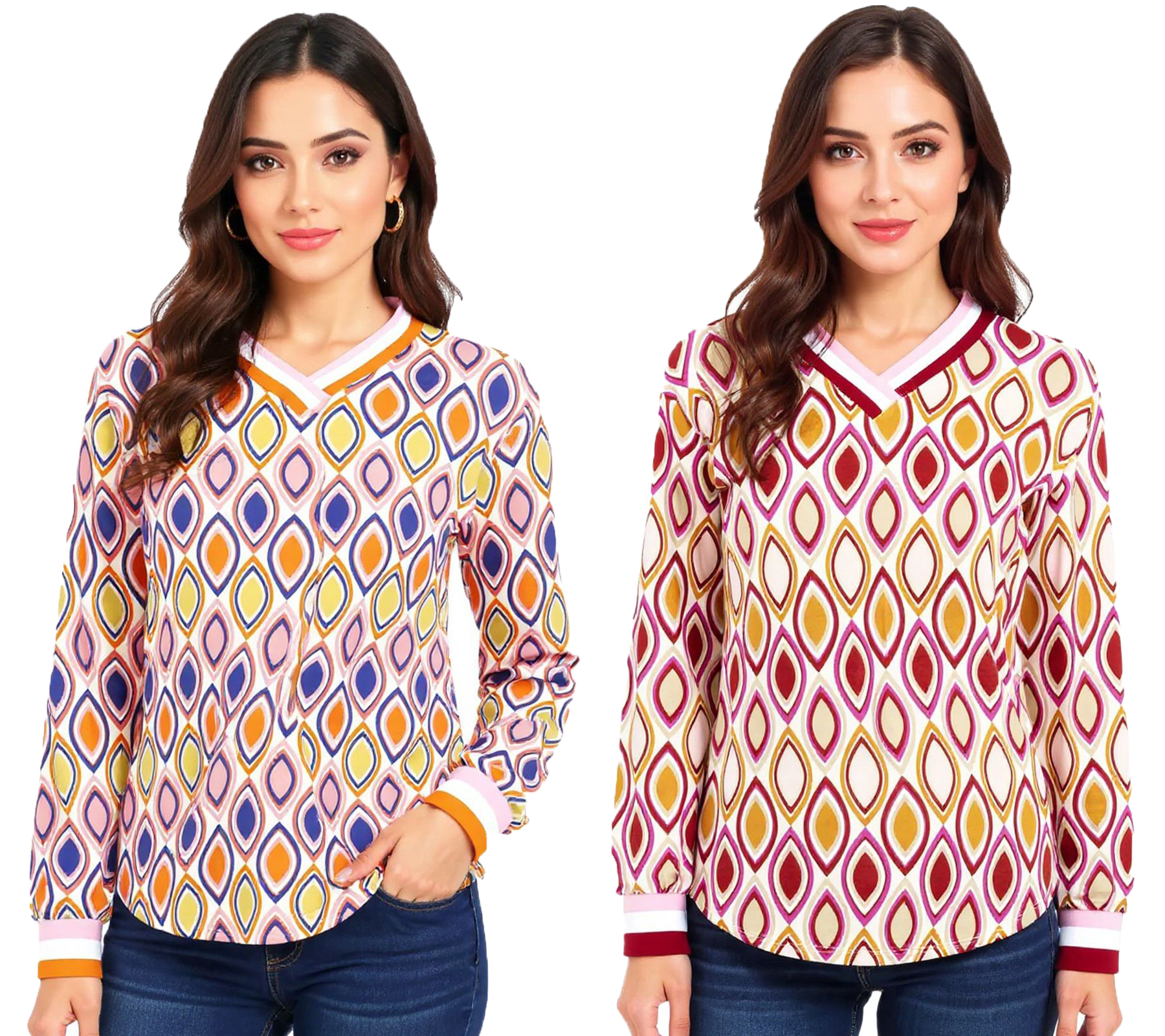 ZWILLINGSHERZ Ornament Damen langärmliges Sommer-Shirt Longsleeve im Retro Style 31627 Beige/Rosa/Rot oder Beige/Rosa/Orange/Blau