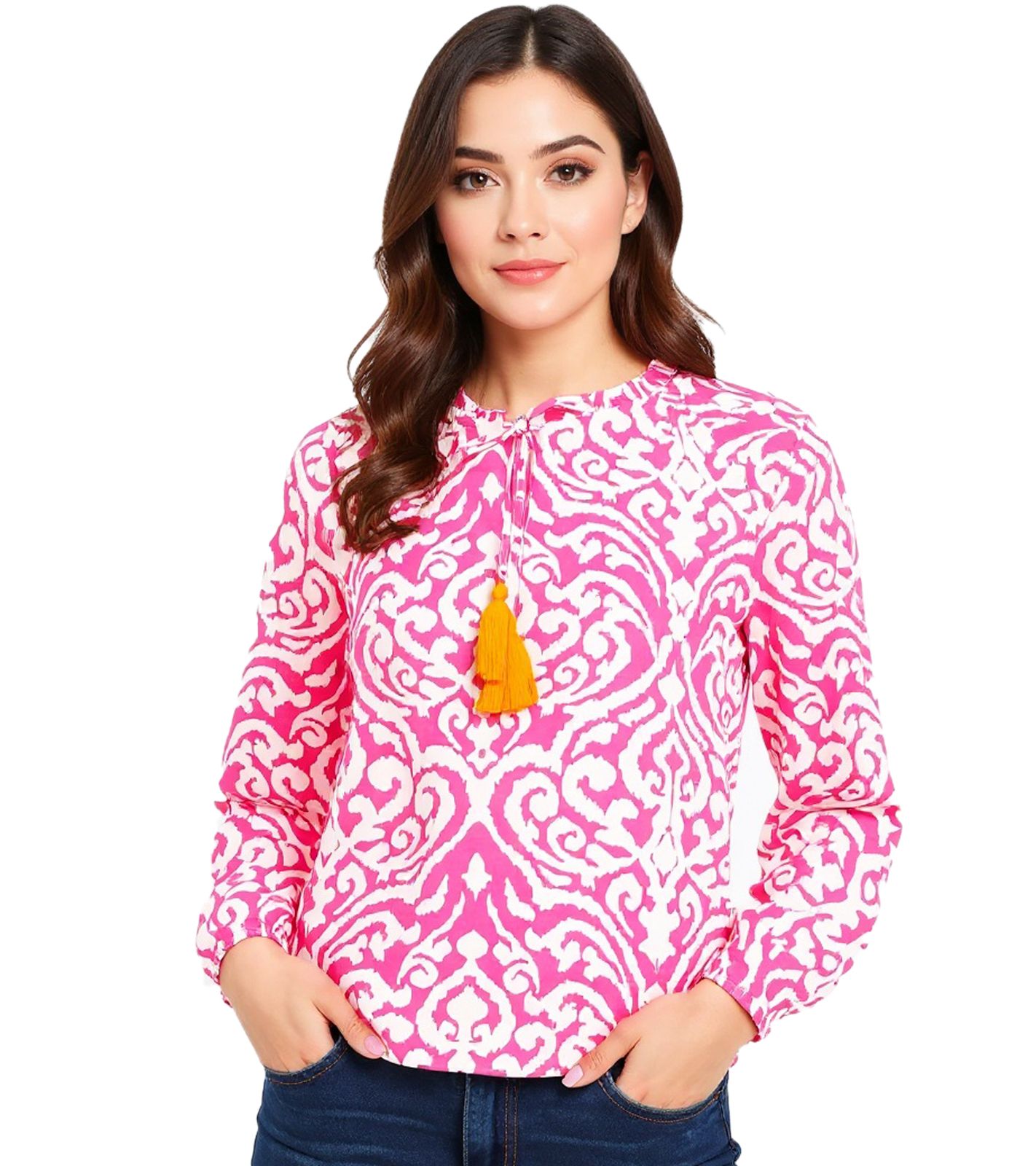 ZWILLINGSHERZ Ornamente Damen Sommer-Bluse Tunika-Shirt mit Quasten 33223-13 Orange/Weiß/Pink