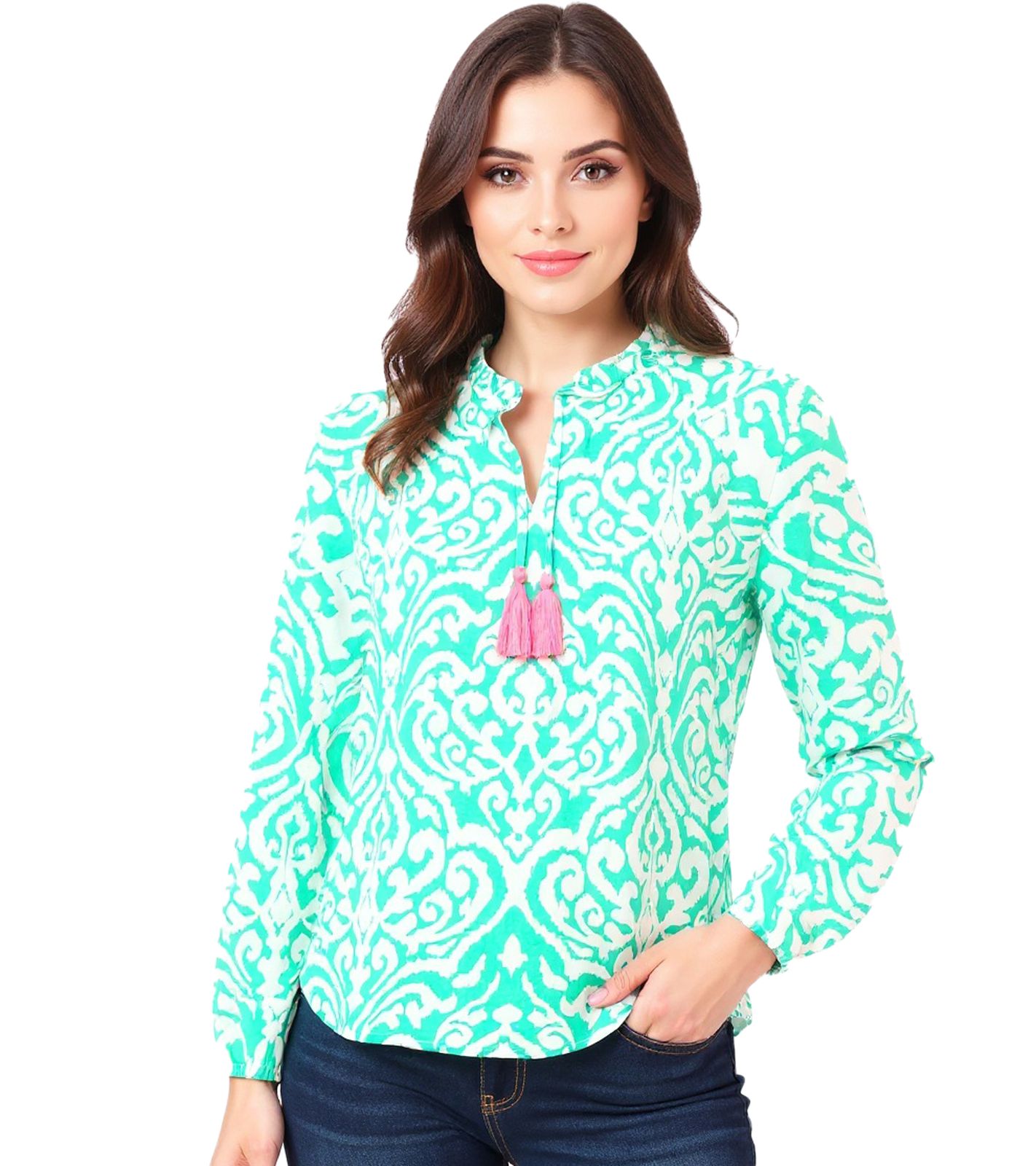 ZWILLINGSHERZ Ornamente Damen Sommer-Bluse Tunika-Shirt mit Quasten 33223-64 Grün/Weiß/Pink