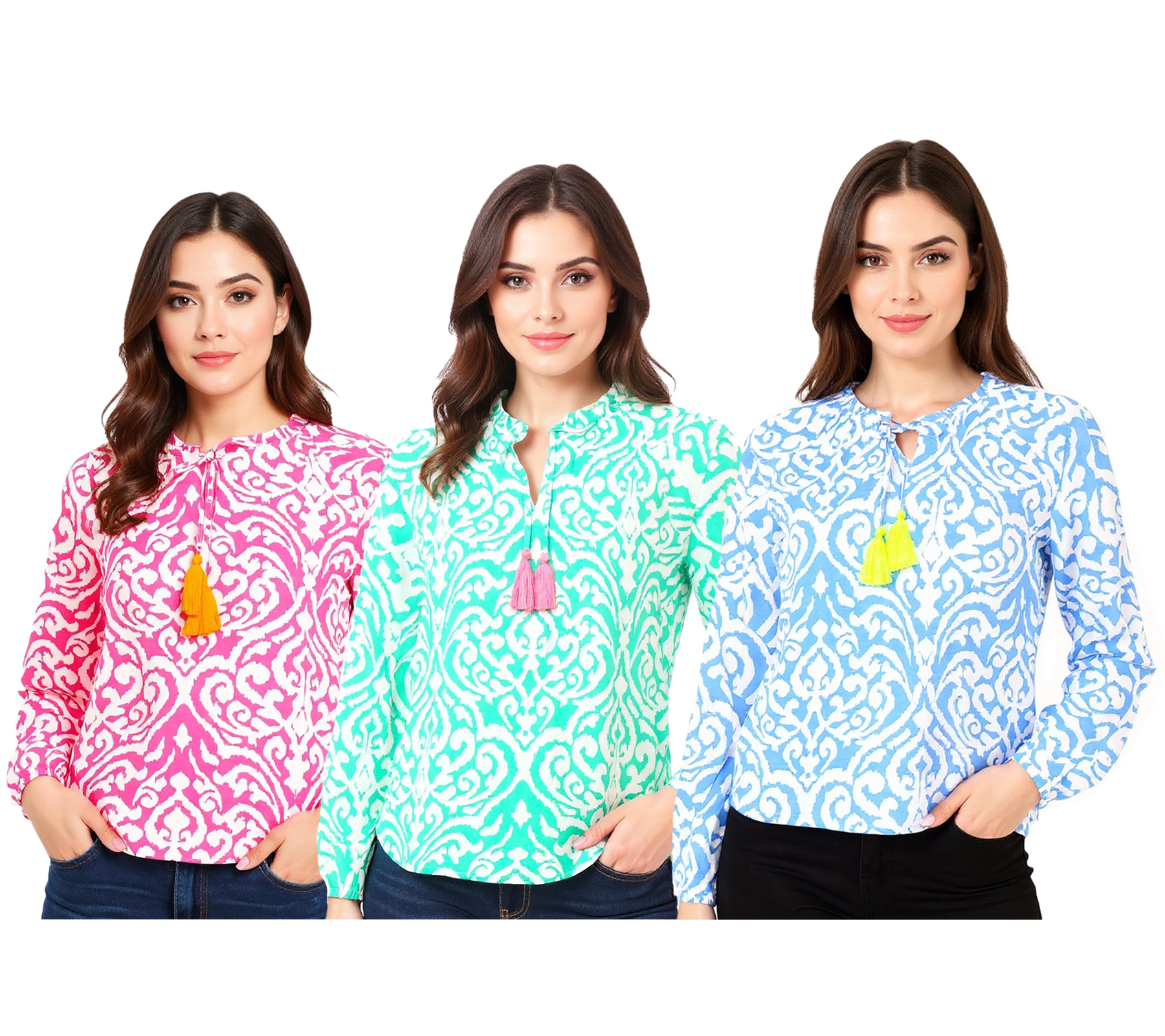 ZWILLINGSHERZ Ornamente Damen Sommer-Bluse Tunika-Shirt mit Quasten 33223 in Pink, Grün oder Blau