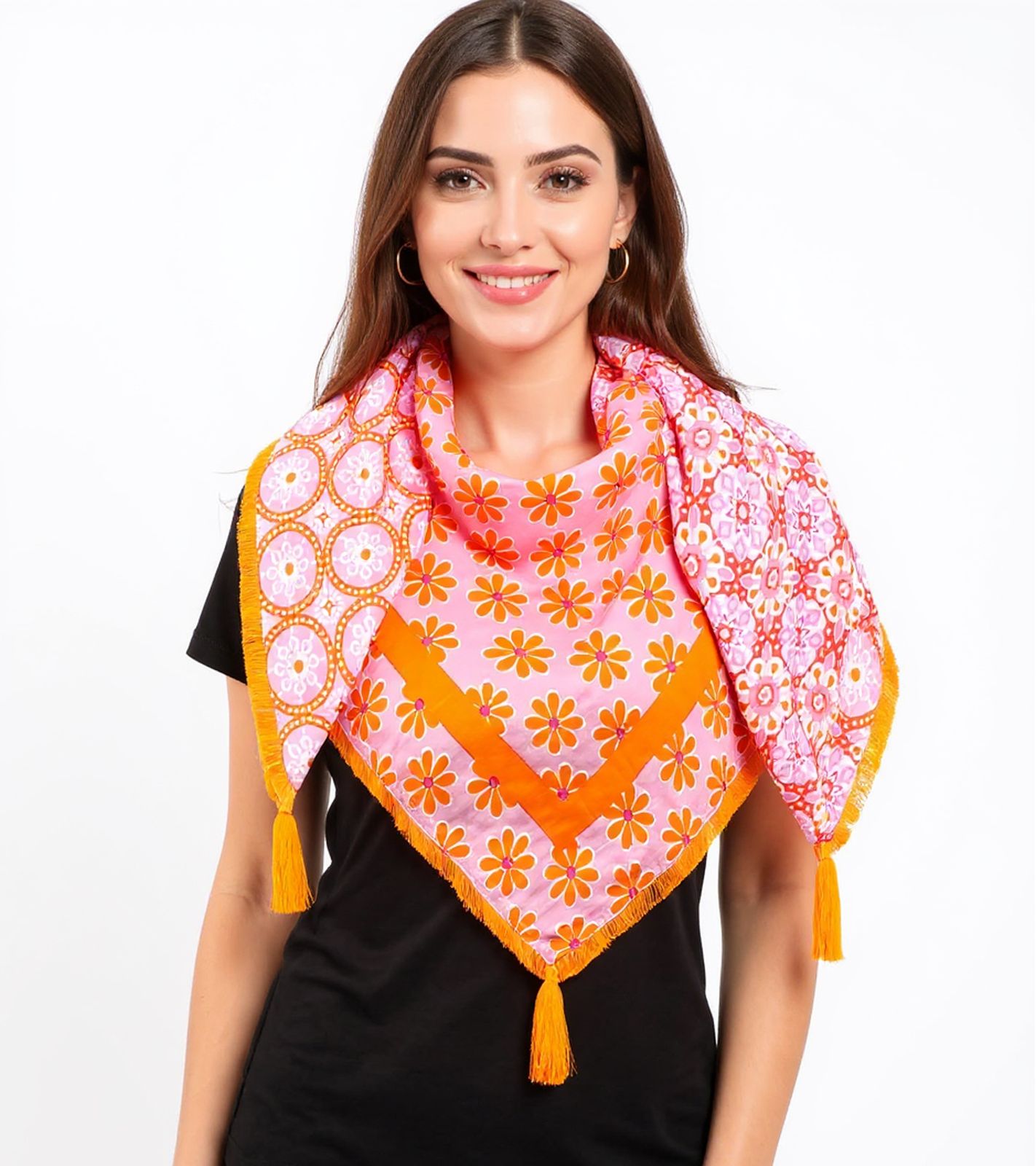 ZWILLINGSHERZ Pricilla Vierecks-Tuch mit Blumen und Ornamenten im Retro Design Mode-Tuch 3016Q-1008-6 Orange/Bunt