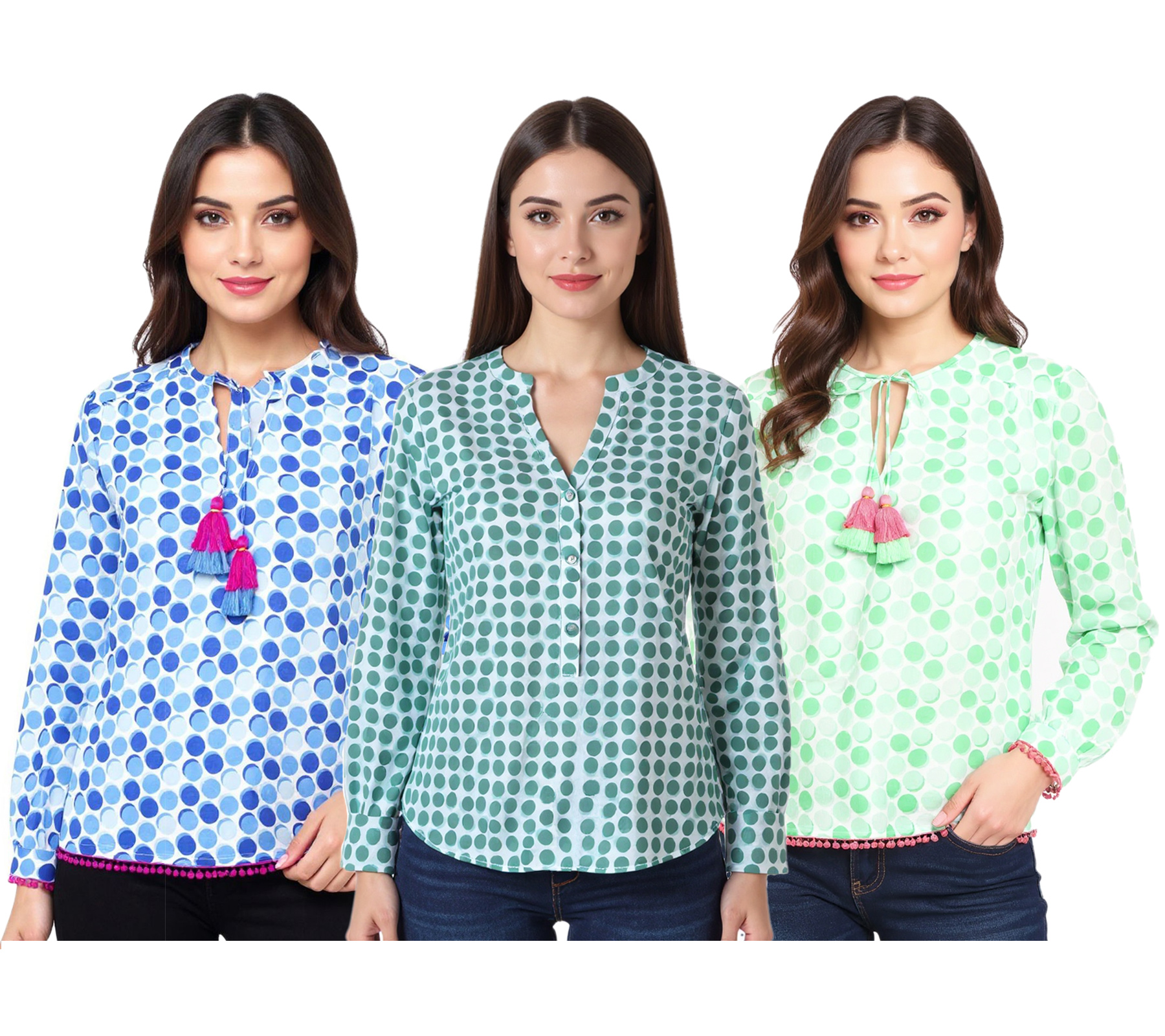 ZWILLINGSHERZ Pünktchen Damen Sommer-Bluse mit Polka Dots Muster Tunika-Shirt mit Quaste oder Ohne in Grün oder Blau
