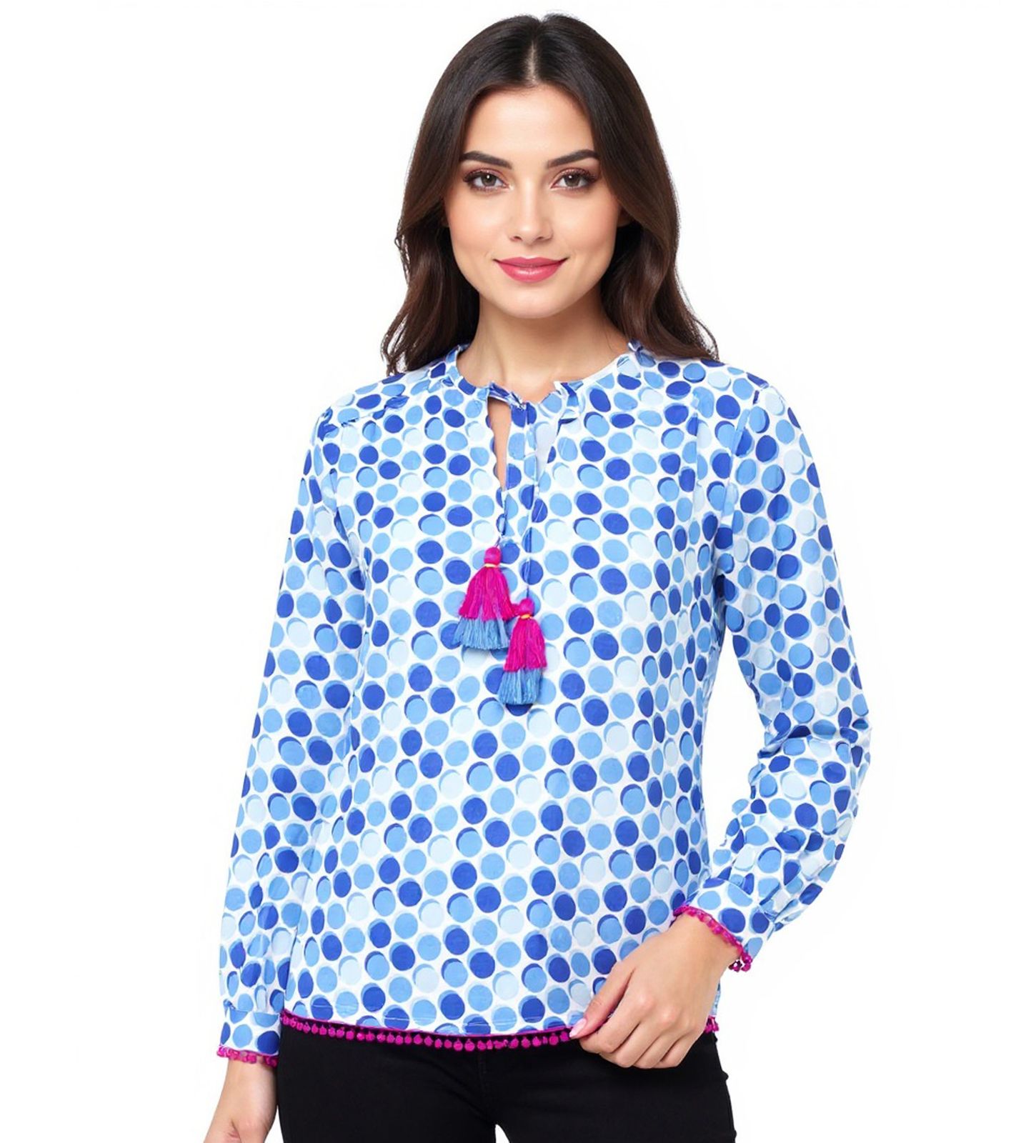 ZWILLINGSHERZ Pünktchen Damen Sommer-Bluse Tunika-Shirt mit Polka Dots 33215-86 Blau/Weiß/Pink
