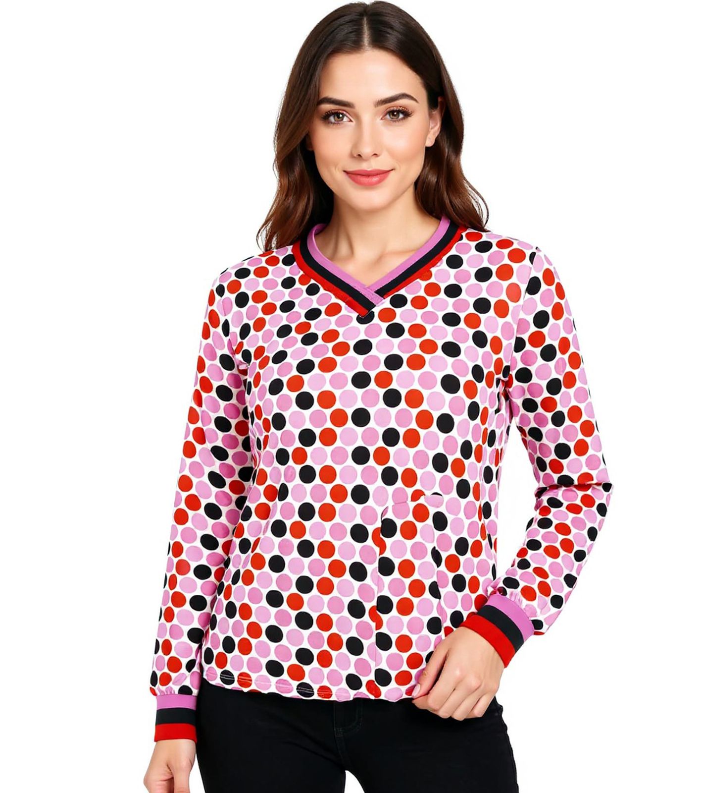 ZWILLINGSHERZ Punkte Damen langärmliges Sommer-Shirt Longsleeve mit Polka Dots 31629-15 Rot/Pink/Weiß