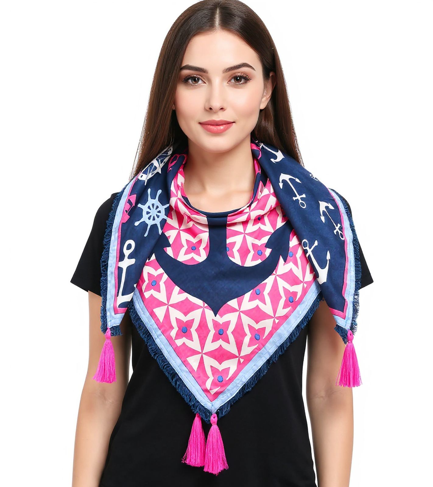 ZWILLINGSHERZ Sea Sun Sand Vierecks-Tuch mit Ankern und Steuerrädern Schriftzug Mode-Tuch 3016Q-0629-5 Blau/Pink/Weiß