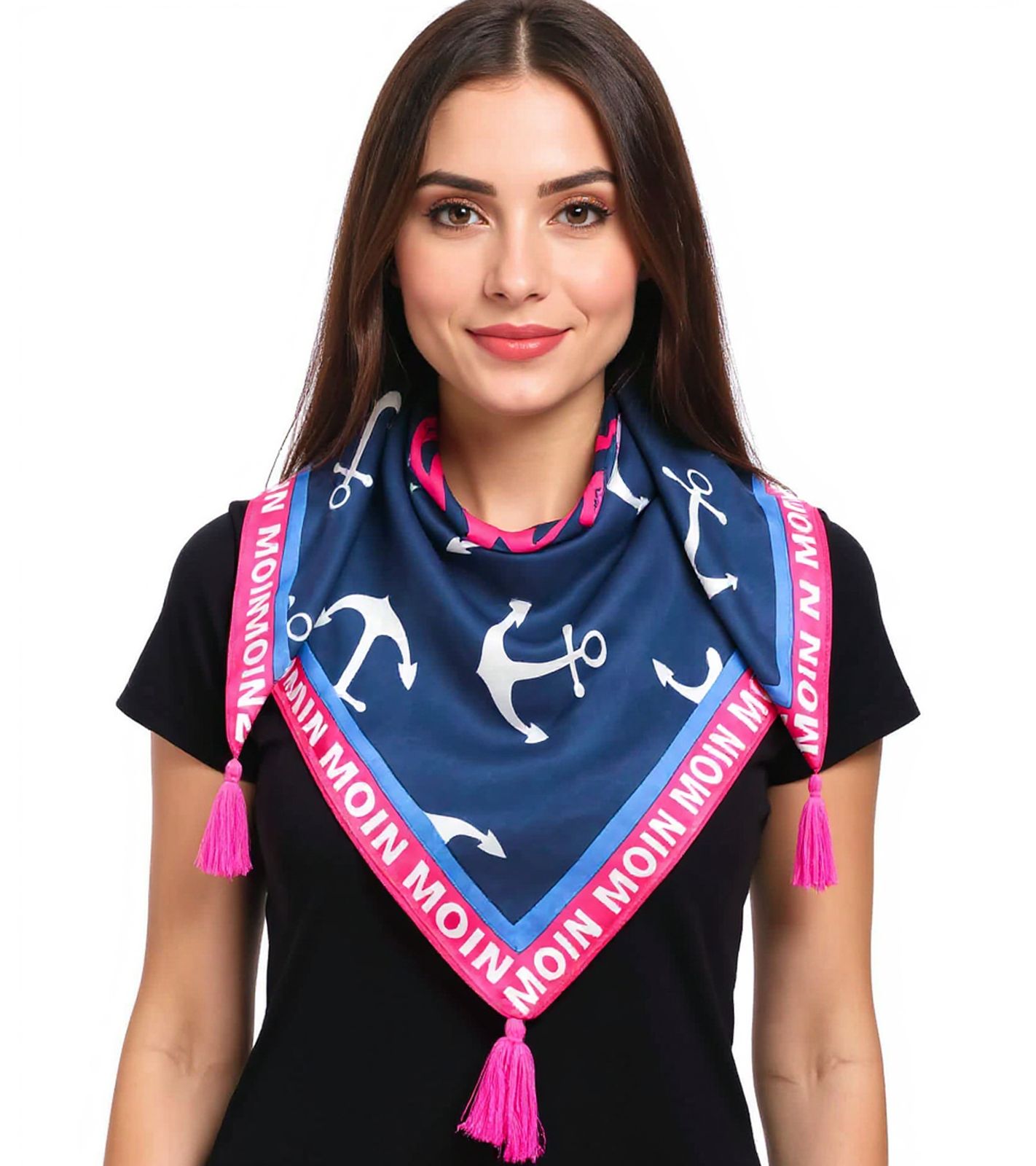 ZWILLINGSHERZ Strandglück Vierecks-Tuch mit Ankern und MOIN MOIN Schriftzug Mode-Tuch 3016Q-2907-5 Blau/Pink/Weiß