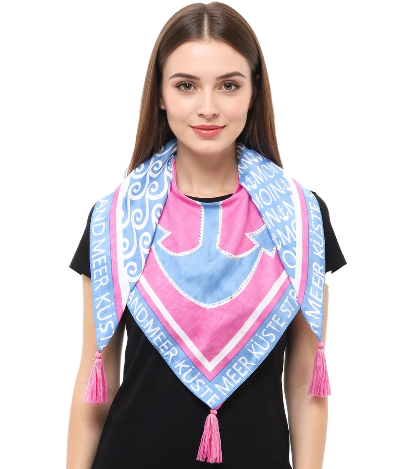 ZWILLINGSHERZ Strass Anker Dreiecks-Tuch im maritimen Design und Statement Print Mode-Tuch 3014D-0204-18 Hellblau/Rosa/Weiß