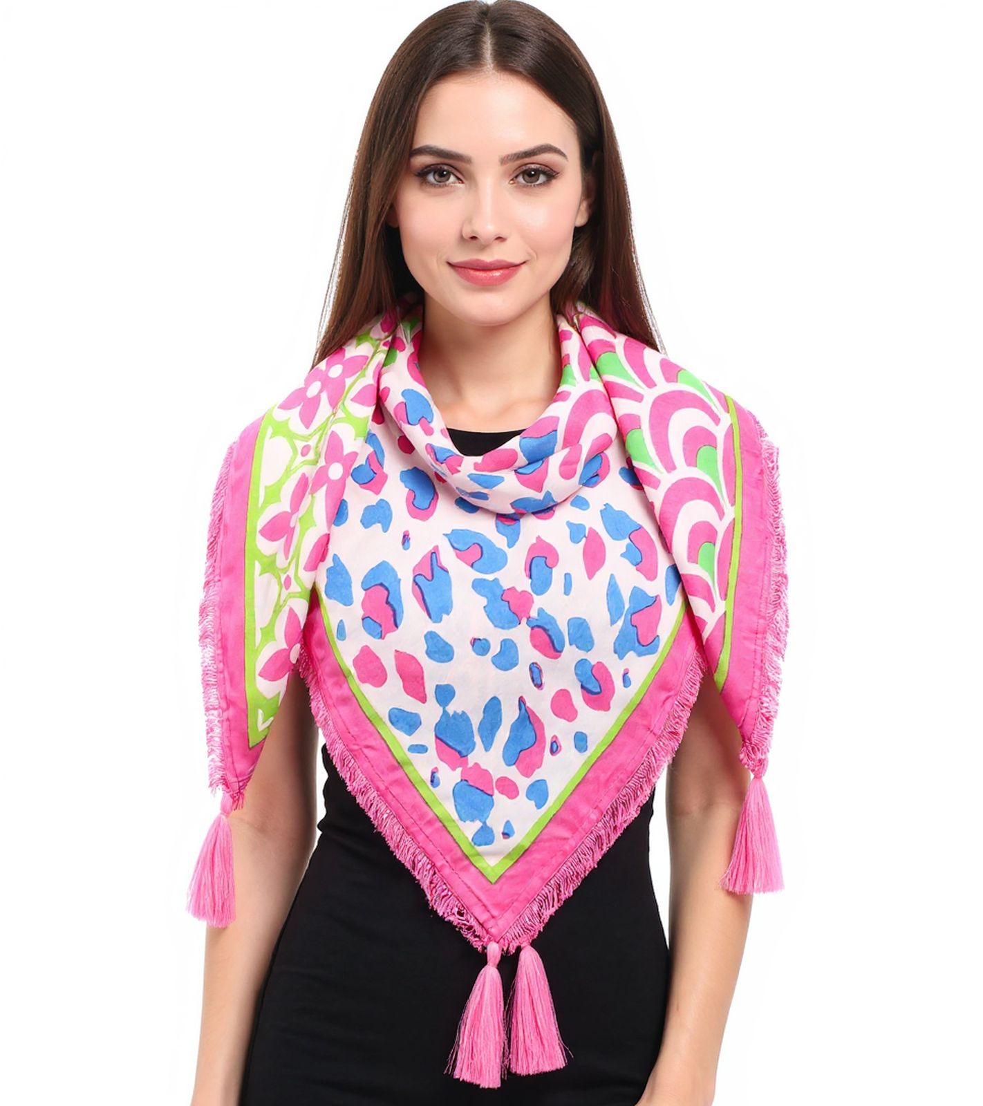 ZWILLINGSHERZ Vierecks-Tuch mit Animal-Print und Blumen Mode-Tuch 3016Q-0609-22 Pink/Blau/Grün