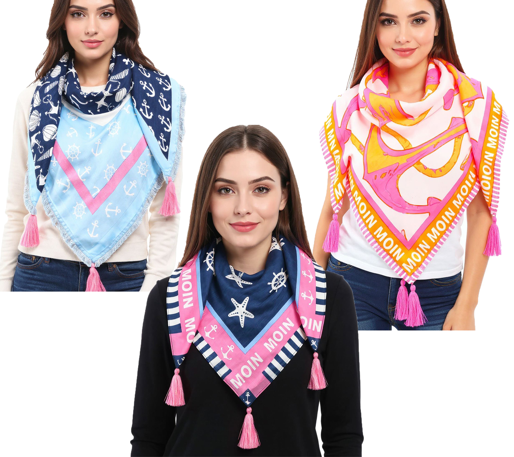 ZWILLINGSHERZ Vierecks-Tuch mit Ankern und Moin Moin Schriftzug Mode-Tuch 3016Q Pink/Orange, Pink/Blau oder Blau/Pink