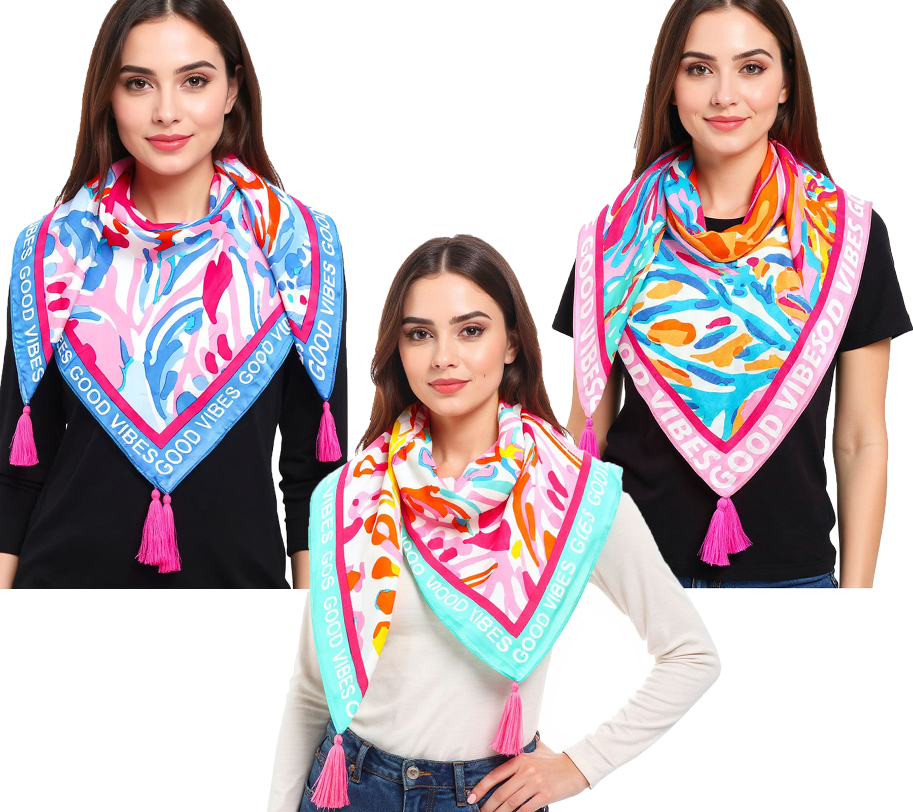 ZWILLINGSHERZ Vierecks-Tuch mit Blumen oder Korallen und Good Vibes Only Print Mode-Tuch 3016Q Pink/Türkis, Blau/Pink oder Pink/Bunt