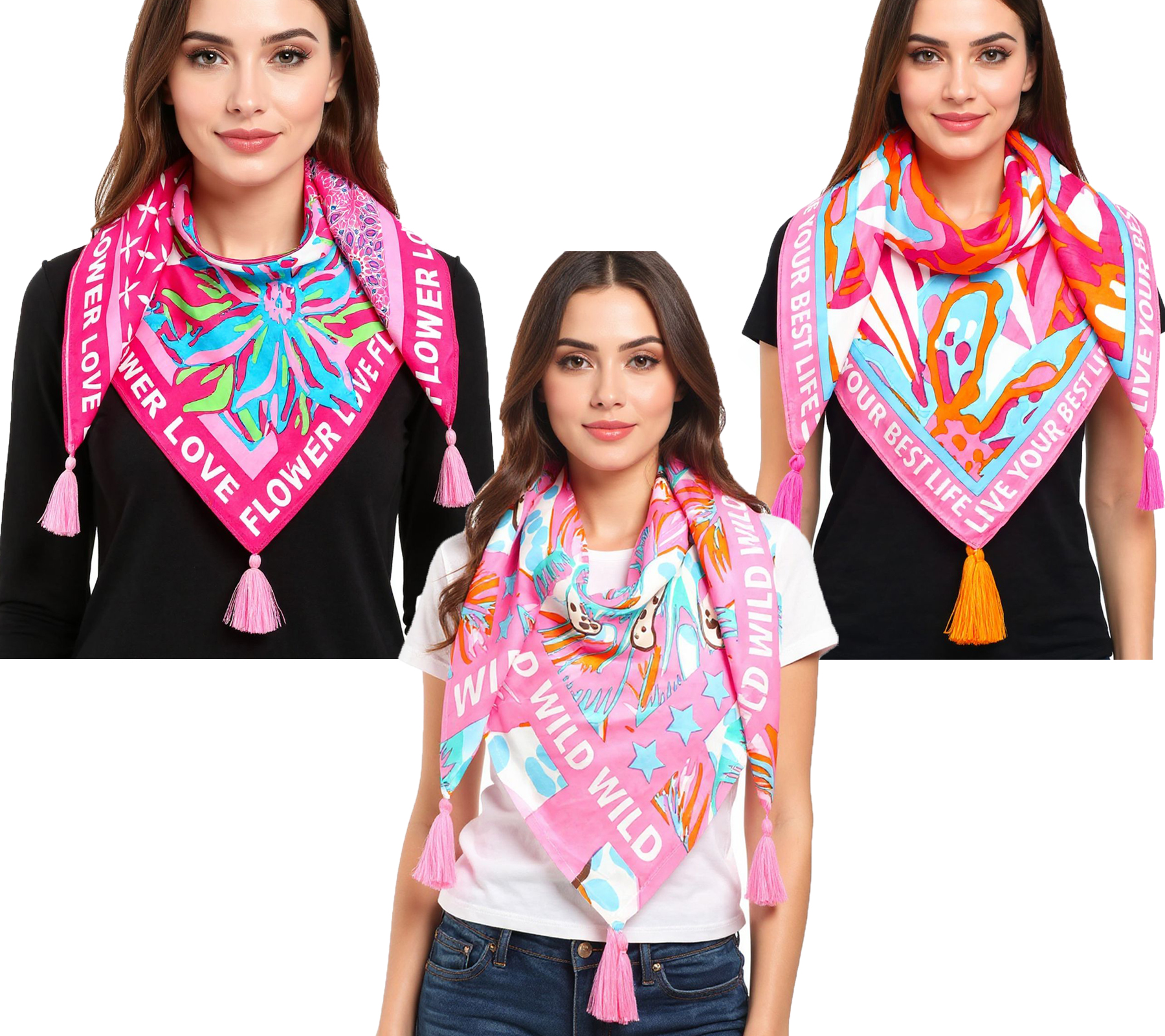 ZWILLINGSHERZ Vierecks-Tuch mit Blumen und WILD, FLOWER LOVE oder LIVE YOUR BEST LIFE Schriftzug Mode-Tuch 3016Q-2907 Pink/Braun, Pink/Türkis oder Pink/Orange